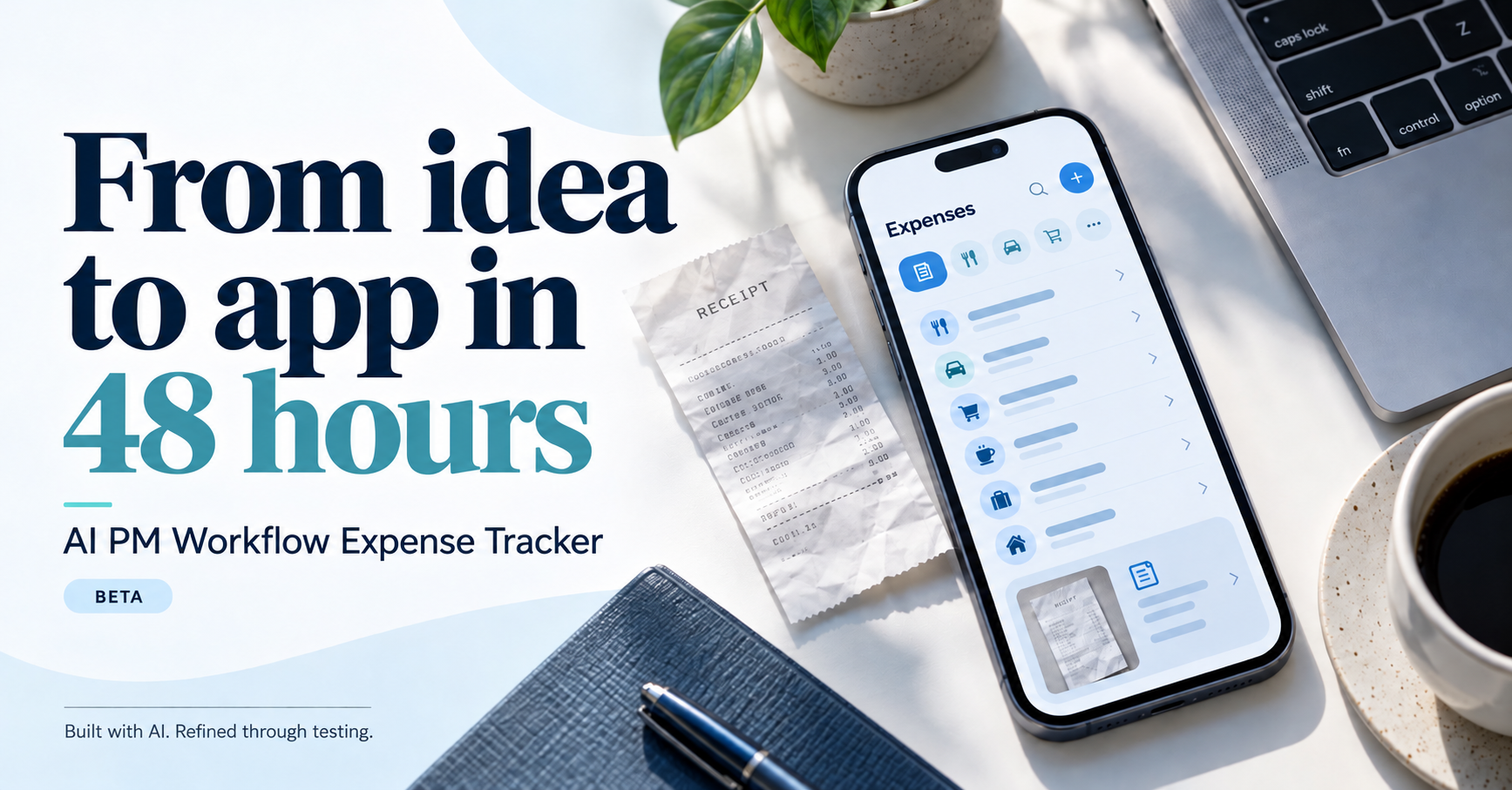 Promotional image for AI PM Workflow Expense Tracker, featuring the headline “From idea to app in 48 hours”. A smartphone displays the beta application, surrounded by a receipt, laptop, notebook and coffee. Tagline: “Built with AI. Refined through testing.”