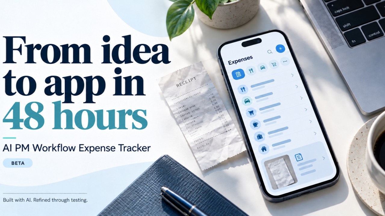 AI PM Workflow Expense Tracker banner: From idea to app in 48 hours, with a smartphone, receipt, laptop, notebook and coffee.