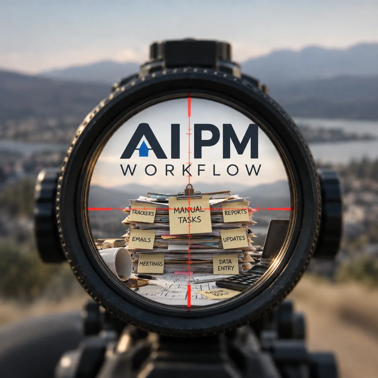 AI PM Workflow optical sight with red crosshairs centred on manual project management paperwork, reporting, trackers, emails and repetitive administration.